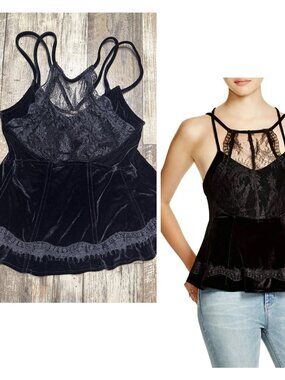 Free People Adalia Velvet Peplum Top Black Lace Strappy Boho XS‎